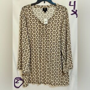 JM Collection Cream and Brown Patterned Blouse